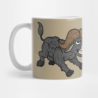 a angry african cape buffalo running. a funny cartoon animal illustration. Mug